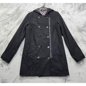 Volcom Coat Womens S Black Wool Blend Northbound Peacoat Hooded Double Breasted